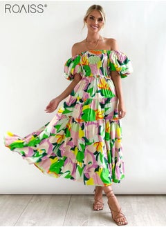 اشتري Fashion Printed One-Shoulder Dress For Daily Commuting And Vacation, Puff-Sleeved High-Waisted Large Skirt Dress في السعودية