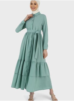 Buy Belted Ruffle Button Down Dress in UAE