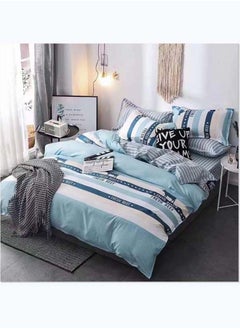 Buy 6-Piece Striped Printed King Size Cotton Duvet Cover Set Includes 1xFitted Bedsheet 200x200+30cm, 1xDuvet Cover 220x240 cm, 2xPillowcase 55x80cm, 2xCushion Case 45x70cm in UAE