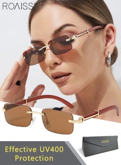 Buy Women's Rectangular Rimless Sunglasses, UV400 Protection Sun Glasses with Wooden Texture Temples and Brown Lens, Fashion Anti-glare Sun Shades for Women with Glasses Case, 53mm in UAE
