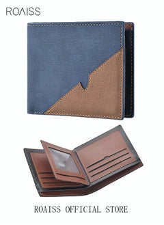 اشتري Colorblock Fold Over Wallet Retro Stylish Zipper PU Leather Card Holder Multi-card Slot Coin Bag Money Clip for Men/Young Boy/Father/Brother Gift Blue/Brown في السعودية