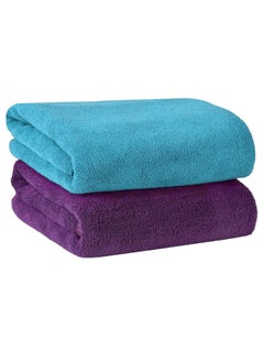 Buy 2-Piece Microfiber Bath Towel 70*140cm, Soft, Durable, Super Absorbent and Fast Drying, Purple/Turquoise in UAE