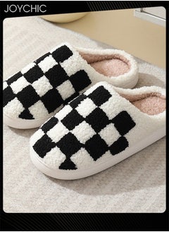 اشتري Checkerboard Lattice Design Bedroom Slippers for Women Men Couple Plush Fuzzy Cozy House Slippers Autumn and Winter Warm Indoor Outdoor Lightweight Soft Flat Slides Black+White في السعودية