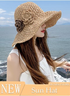 اشتري Women's Foldable Sun Straw Hat With Flowers Summer Wide Brim Roll Up Beach Cap Summer Solid Travel Beach Cap UV Protection UPF50+ for Vacation Outdoor Activities في السعودية