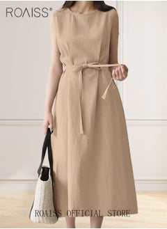 Buy Ladies Comfortable High-Waist Dress for Daily Commute - Sleeveless Cotton Linen Dress with Simple Design and Soothing Solid Color Featuring Waist Design and Round Neckline in Saudi Arabia