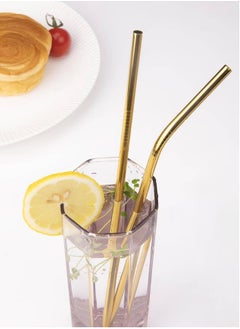 Buy Reusable stainless steel straws for drinks, cocktails and juices (4 pieces), golden color - with cleaning brush in Egypt