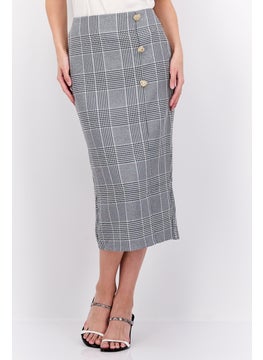 اشتري Women Petite Houndstooth Print Midi Skirt, Grey/Black في الامارات