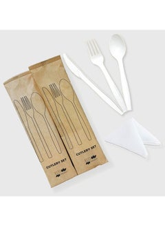 Buy Disposable PLA White Cutlery Set Natural, Eco-Friendly Bamboo Utensils Forks, Spoons and Knives With Napkin - 50 Pieces in UAE