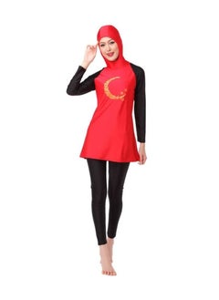 Buy 2-Piece Long Sleeve Hooded Neck Burkini Red/Black in UAE