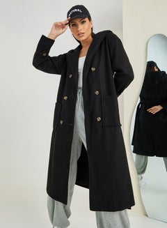 Buy Regular Fit Wool Like Hooded Double Breasted Coat with Belt in Saudi Arabia
