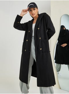 اشتري Regular Fit Wool Like Hooded Double Breasted Coat with Belt في السعودية