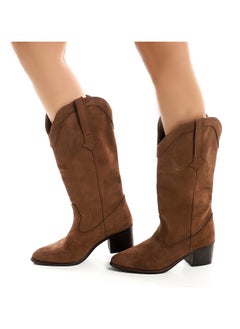 Buy Suede Mid Calf Heeled Boot - Brown in Egypt