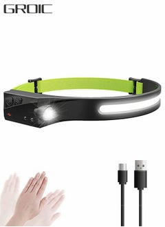 اشتري Rechargeable LED Head Lamp, Headlamp Flashlight, 1200mAh Bright 270° Wide Beam with Motion Sensor, Lightweight Waterproof Head Light for Outdoor Running, Camping Hiking في الامارات