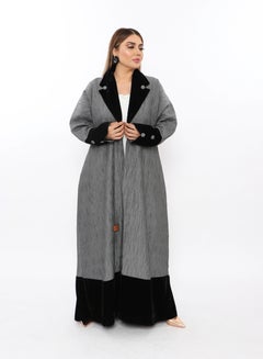 Buy Elegant gray and black winter abaya made of good plus fabric with velvet inserts on the sleeves and bottom in Saudi Arabia