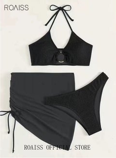 Buy 3 Pack Bikini Sets Halter Beachwear Ladies Tankini Swimsuit Hollow Out Beach Skirt Push Up Textured Ring Linked for Swimwear Solid Black in UAE