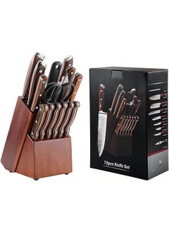 Buy Knife Set, 15 Pcs High Carbon Stainless Steel Kitchen Knives Sets Professional, hammered stainless steel knife + wooden handle, knife set with scissors and sharpener in UAE