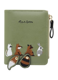 اشتري Cute Embroidery Wallets for Women, Leather RFID Blocking Small Bifold Wallet with Zipper Coin Purse, Portable and Small Wallets with Embroidered Animal Pattern, Green في الامارات