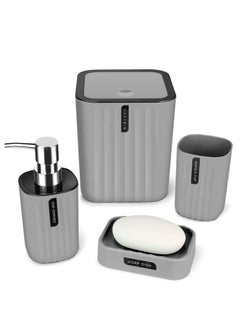 اشتري Bathroom Accessory Set 4 Piece Grey Bathroom Accessories Set with Trash Can, Soap Dish, Soap Dispenser, Toothbrush Cup, Bathroom Decor Sets Accessories Complete with Desktop Small Trash في السعودية