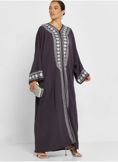 Buy V-Neck Embroidered Abaya in UAE