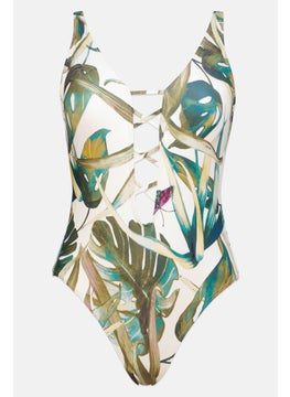 Buy Women Padded One Piece All Over Printed Swimwear, Teal  Blue/White Combo in UAE