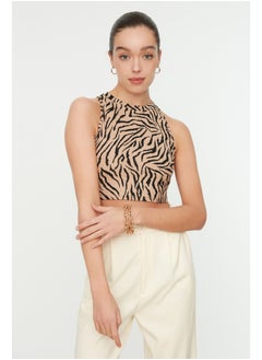 Buy Camel Animal Printed Halter Neck Fitted/Situated Crop Stretch Knitted Blouse TWOSS22BZ0879 in Egypt