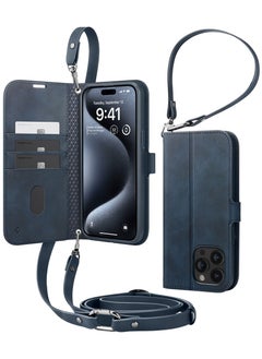 اشتري Wallet S Pro for iPhone 15 Pro MAX Case Cover Premium Leather with Wrist Strap/Body Strap - Navy في الامارات