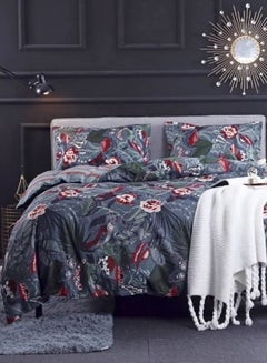 Buy Various Sizes 6 Pieces Duvet Cover Set, Reversible Dark Gray Color Red Flower Bedding Set. in UAE