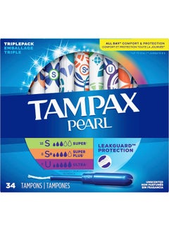 Buy Pearl Tampons Trio PackSuper/Super Plus/Ultra Absorbency With Bpa-Free Plastic Applicator And Leakguard BraidUnscented34 Count (Pack Of 1) in UAE