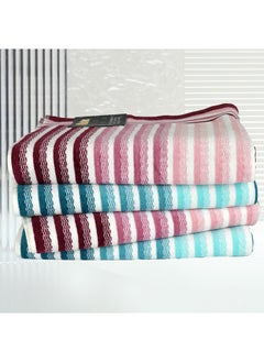 Buy 4 Piece Bathroom Towel Set VISTA 420 GSM 100% Cotton Velour 4 Bath Towel 70x140 cm Turquoise & Pink Color Modern Stripe Design Luxury Touch Extra Absorbent in UAE