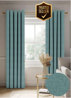 Buy Herringbone Texture Curtains 2 Piece Polyester Eyelets (Steel) Blackout Curtains with Tie Back, Bedroom Living Room (Teal, 9 Ft x 4.2 Ft) in UAE