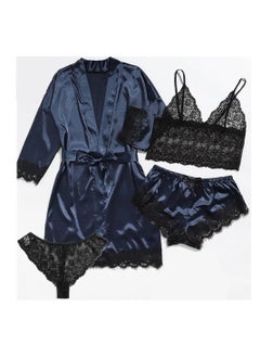 Buy 4 Piece Fashion Ladies Loungewear Lace Pajama Set Blue in UAE