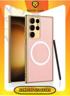 Buy GOLDEN MASK For Samsung S23 Ultra Case electroplated leather support magsafe- (Pink) in Egypt