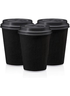 Buy 10 Pieces Ripple Coffee Cups Black With Lid 8 Oz - Hot Beverage Corrugated Paper Cups Suitable For Home And Office Use. in UAE