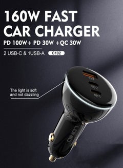 Buy C102 160W Super Fast Car Charger Fast Charging 3-Port USB Car Power Adapter With 100W USB C Cable Car Fast Charger Plug for Macbook Laptop iPad Tablets iPhone /Samsung/ Huawei/ Xiaomi/ Oneplus, etc in UAE