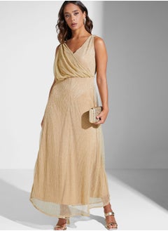 Buy Surplice Neck Plisse Draped Dress in UAE