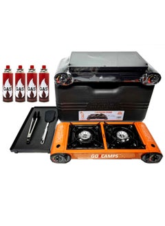 Buy 4-Piece Butane Gas Catridge Double Burner Butane Camping Stove With BBQ Grill Hotplate/Humburger Tray and Tools-Multicolour in UAE