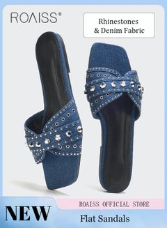 Buy Square Toe Casual Sandals For Women Toe Open Denim Rivet Decoration Flat Slippers Outer Wear Stylish Shoes in Saudi Arabia