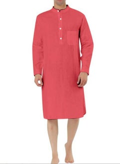 Buy Men's Muslim Stand Collar Robe Thobe Solid Color Long Sleeve Kaftan Casual Shirt Red in Saudi Arabia