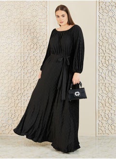 Buy Plus Satin Plisse Textured A-Line Maxi Dress with Self Tie Up in Saudi Arabia