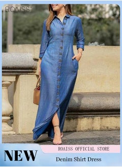 Buy Women's Casual Shirt Dress Loose Fit Button Closure Dress With Pockets On Both Sides Lightweight Long Dress in UAE