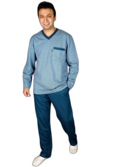 Buy Jet Men Winter Pajama Set Printed Top V Neck & Plain Bottom -Turquoise in Egypt