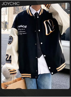 Buy Classic Trendy Spring and Autumn Warm Cotton Coat Men Button Varsity College Baseball Jacket Casual Embroidered Streetwear Coat Black+White in Saudi Arabia