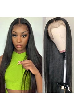 Buy 30 Inches Natural Black Color Straight Wig 13X4 Transparent Front Lace Natural Brazilian Virgin Hair Pre Plucked 150 Percent Density GlueLess in UAE