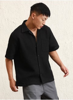 Buy Black Cotton Spread Collar Short Sleeves Solid Oversized Shirts in UAE