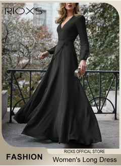 Buy Women's Elegant V-neck Long Sleeve Dress Flowy Belted Maxi Dress for Special Occasions in UAE