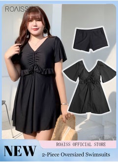 Buy 2-Piece Women's Oversized Dress Swimsuit V-Neck Short Sleeved Design (including one pair of shorts in the same color) in UAE