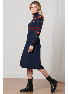 اشتري Women Stripe Knitted Sweater Dress, Navy Blue Combo في الامارات