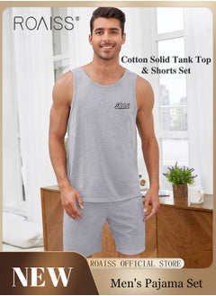 Buy 2Pcs Pure Cotton Pajamas Suit for Men H Type Round Neck Sleeveless Vest and Comfortable Loose Shorts Mens Summer Letter Pattern Soft Skin-Friendly Pyjama Set Suitable for Boyfriend Husband Dad Son in Saudi Arabia