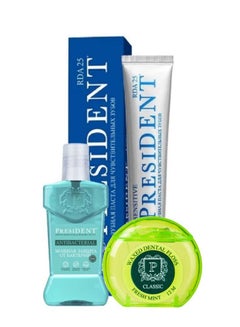Buy Set of Lemon Mint Toothpaste for Sensitive Teeth, Antibacterial Mouthwash and Dental Floss Classic - 12 m in Saudi Arabia