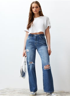 Buy Blue Ripped High Waist Wide Leg Jeans TWOSS24JE00199 in Egypt